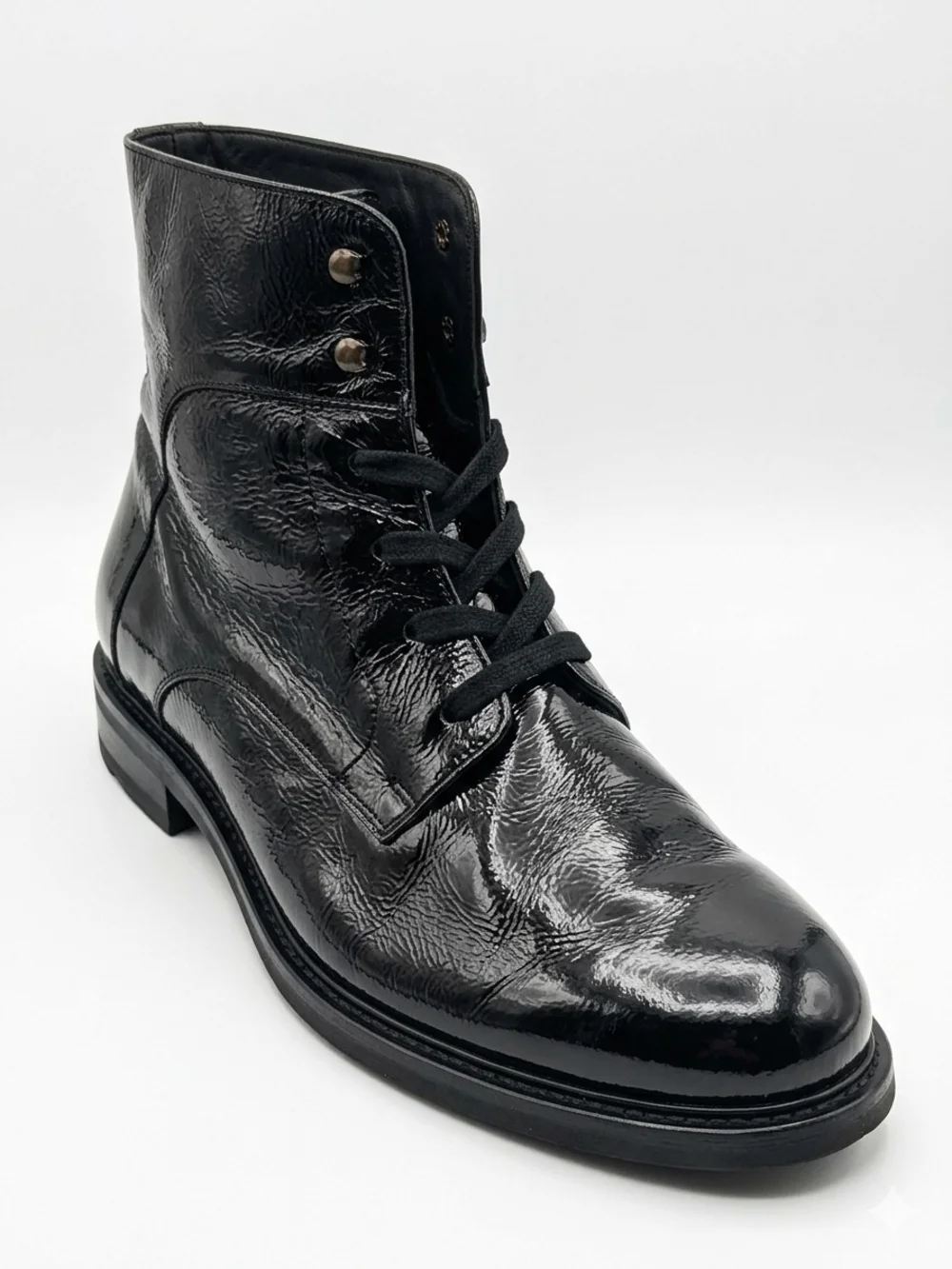 Mezlan Artisan Collection Black Patent Leather Combat Boots, Handmade in Spain